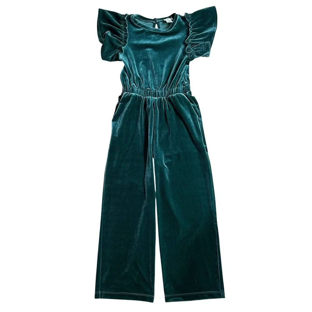 Crewcuts J Crew Girls Emerald Green Velvet Ruffle Jumpsuit Size 5 Holiday